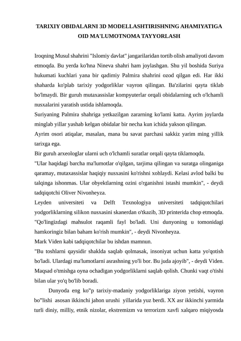 TARIXIY OBIDALARNI 3D MODELLASHTIRISHNING AHAMIYATIGA OID MA'LUMOTNOMA TAYYORLASH 1