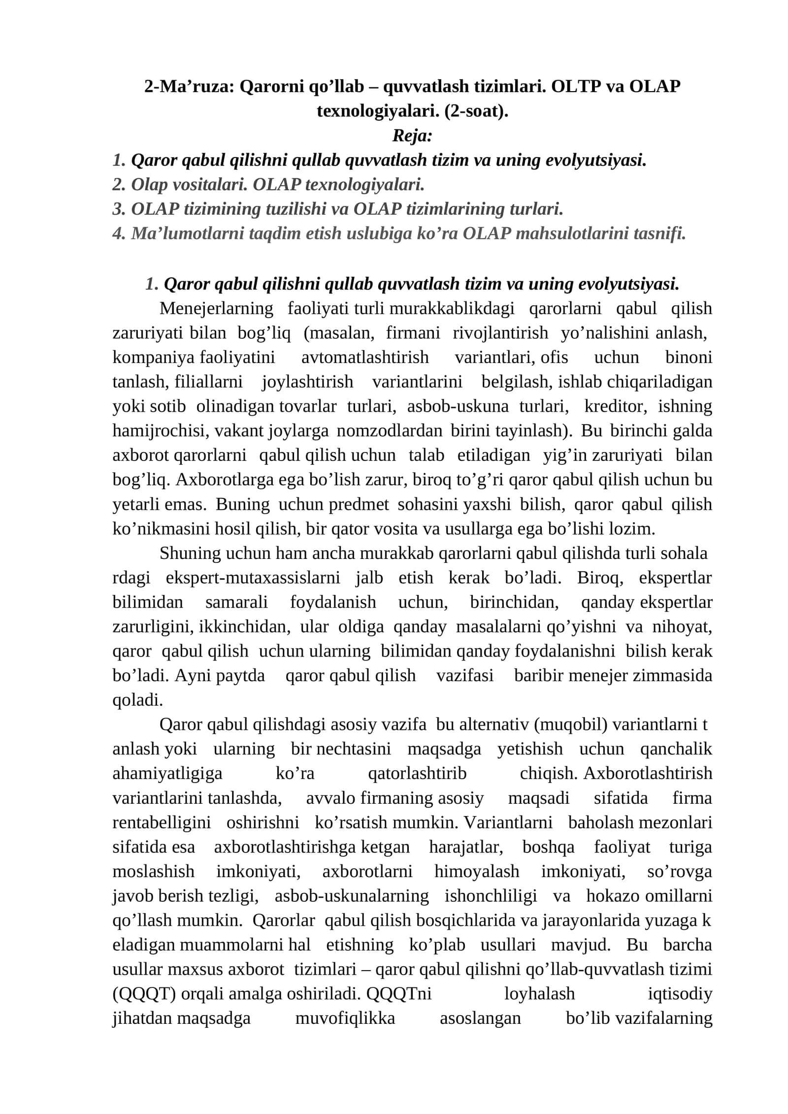 2-Ma’ruza: Qarorni qo’llab – quvvatlash tizimlari. OLTP va OLAP texnologiyalari 1
