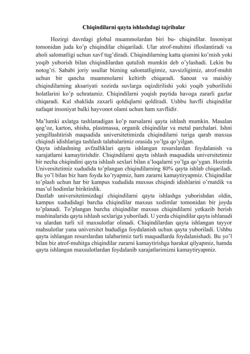 Chiqindilarni qayta ishlashdagi tajribalar 1