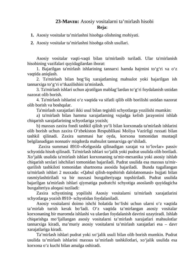 Asosiy vositalarni ta’mirlash hisobi 1