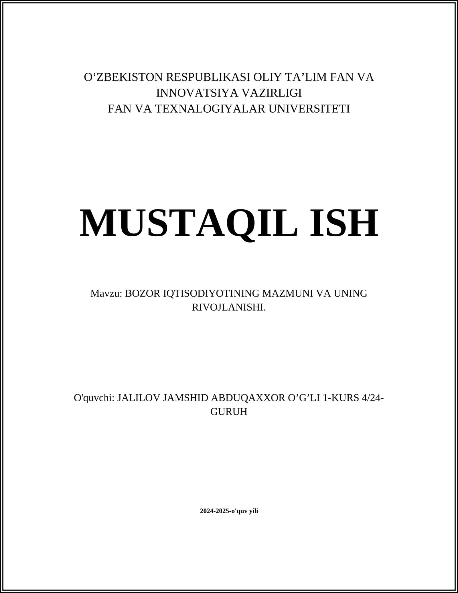 BOZOR IQTISODIYOTINING MAZMUNI VA UNING RIVOJLANISHI 1