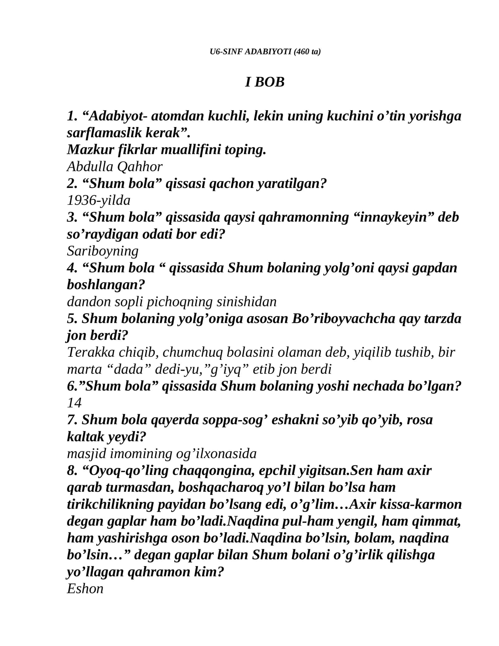 U6-SINF ADABIYOTI (460 ta) savollar+javoblar 1