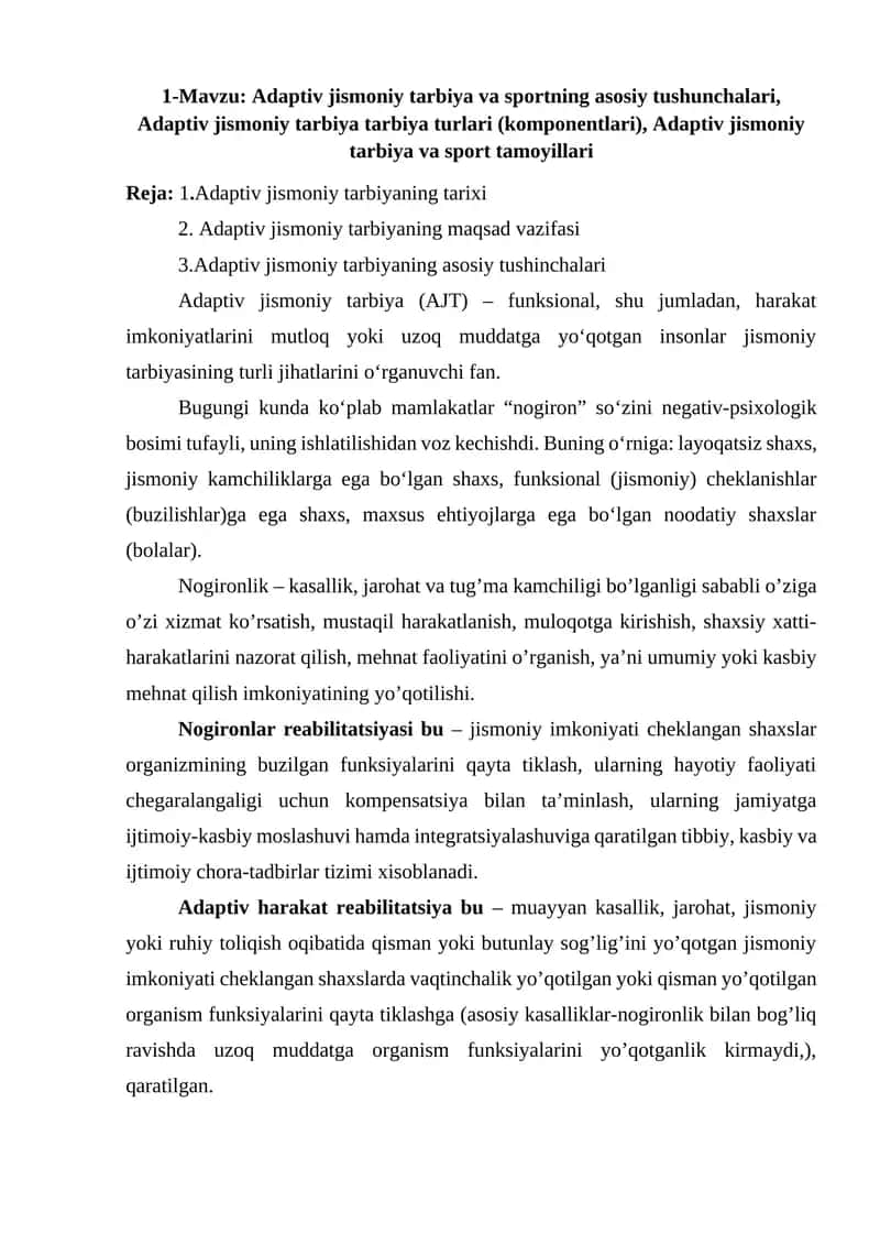Adaptiv jismoniy tarbiya va sportning asosiy tushunchalari 1