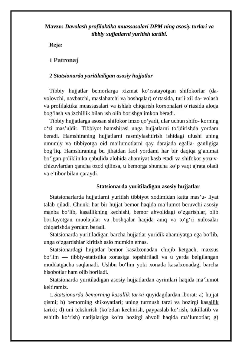 Davolash profilaktika muassasalari DPM ning asosiy turlari va tibbiy xujjatlarni yuritish tartibi 1