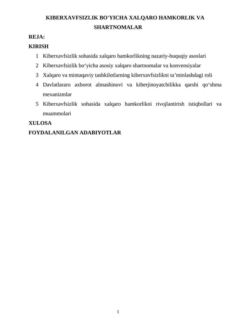 KIBERXAVFSIZLIK BO'YICHA XALQARO HAMKORLIK VA SHARTNOMALAR 1