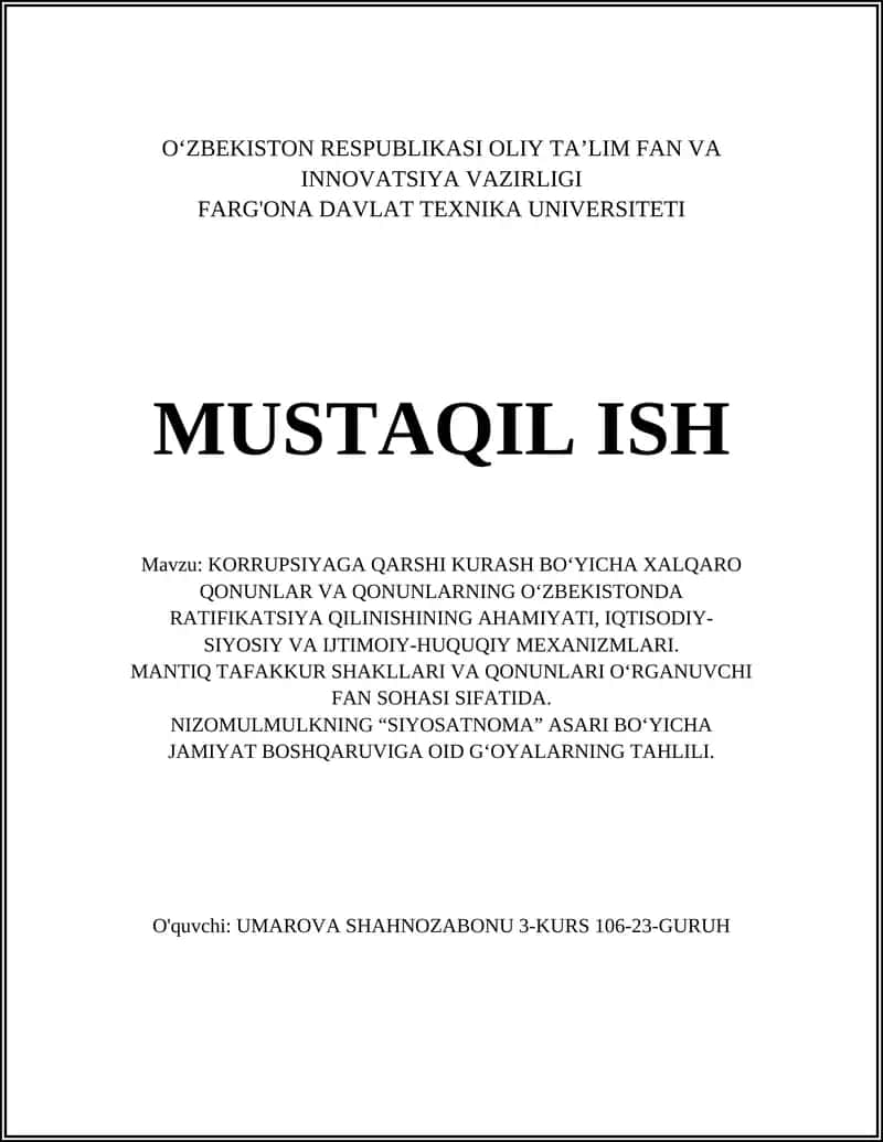 Korrupsiyaga qarshi kurash bo‘yicha xalqaro qonunlar va qonunlarning O‘zbekistonda ratifikatsiya qilinishining ahamiyati 1
