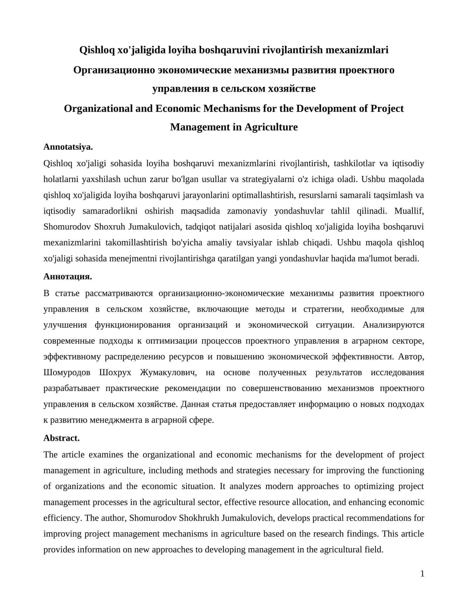 Qishloq xo'jaligida loyiha boshqaruvini rivojlantirish mexanizmlari 1