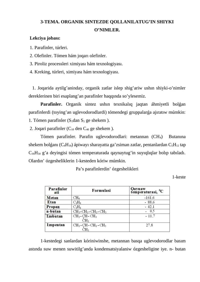 3-TEMA. ORGANIK SINTEZDE QOLLANILATUG’IN SHIYKI O’NIMLER 1