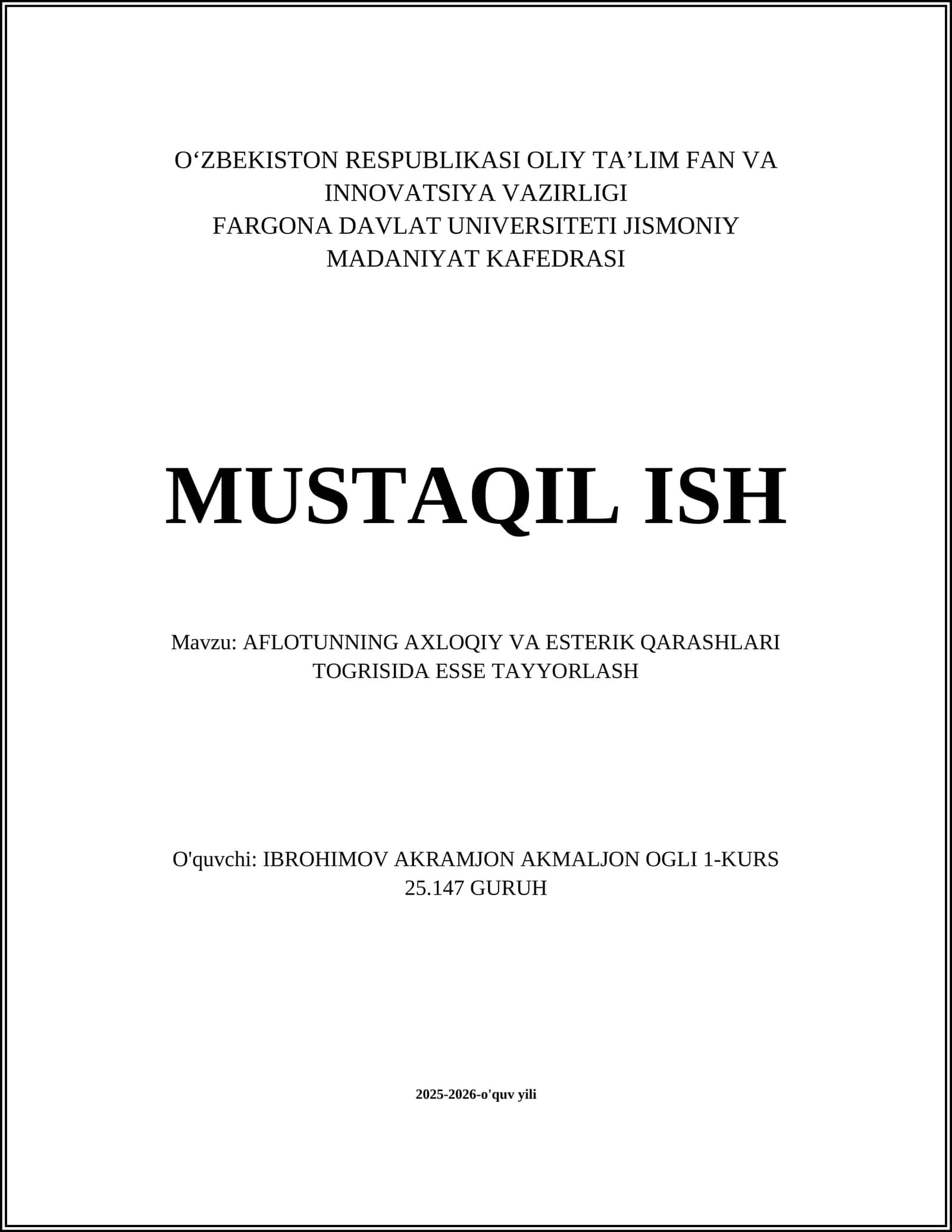 AFLOTUNNING AXLOQIY VA ESTERIK QARASHLARI TOGRISIDA ESSE TAYYORLASH 1