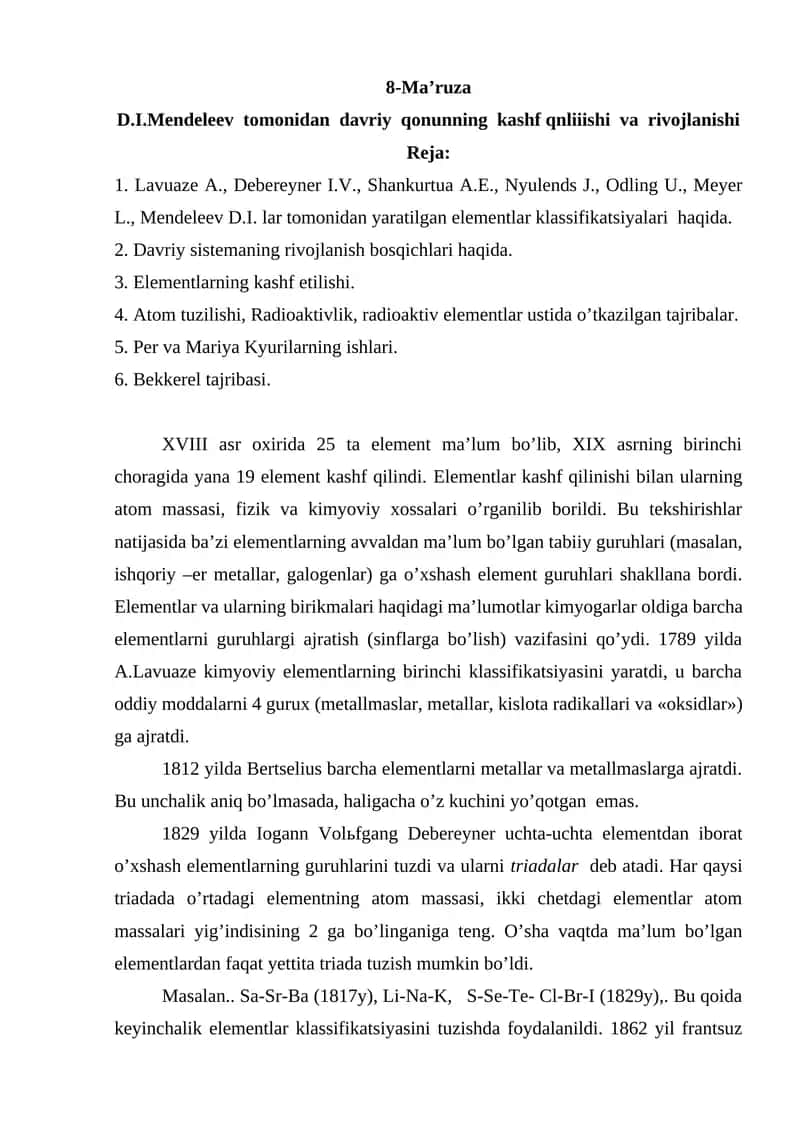 D.I.Mendeleev tomonidan davriy qonunning kashf qnliiishi va rivojlanishi 1
