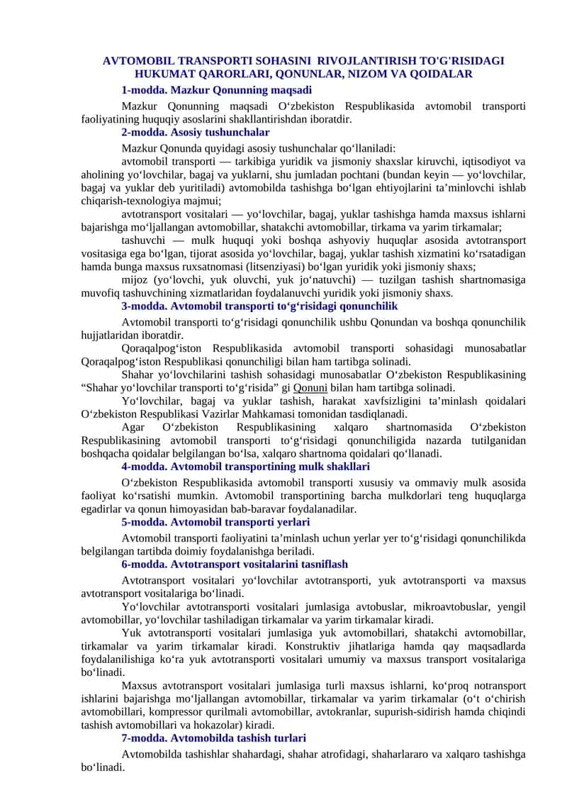 Avtomobil transporti sohasini rivojlantirish to'g'risidagi hukumat qarorlari, qonunlar, nizom va qoidalar 1