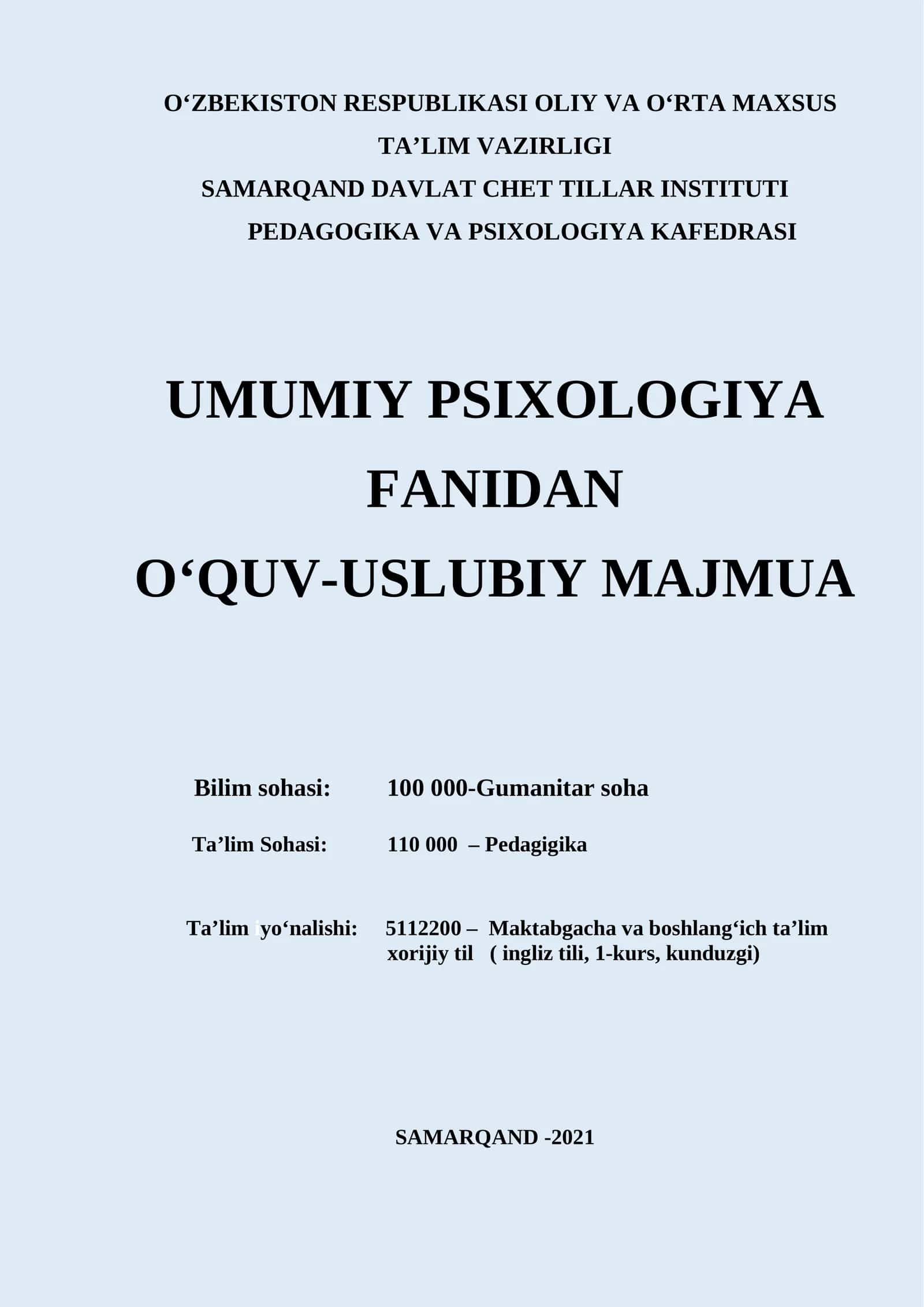 Umumiy psixologiya o'quv-uslubiy majmua 1