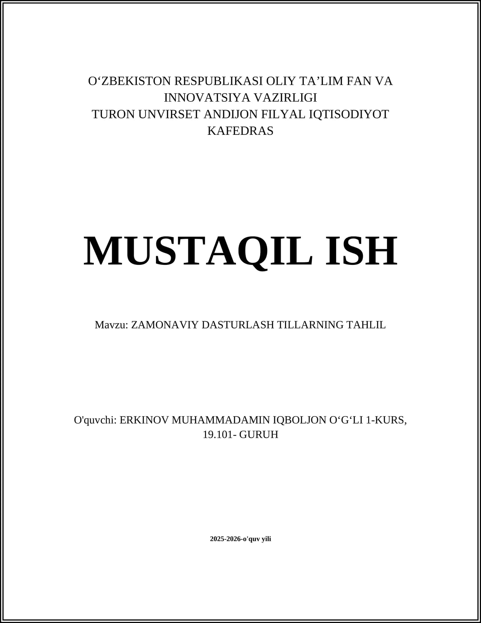 ZAMONAVIY DASTURLASH TILLARNING TAHLIL 1