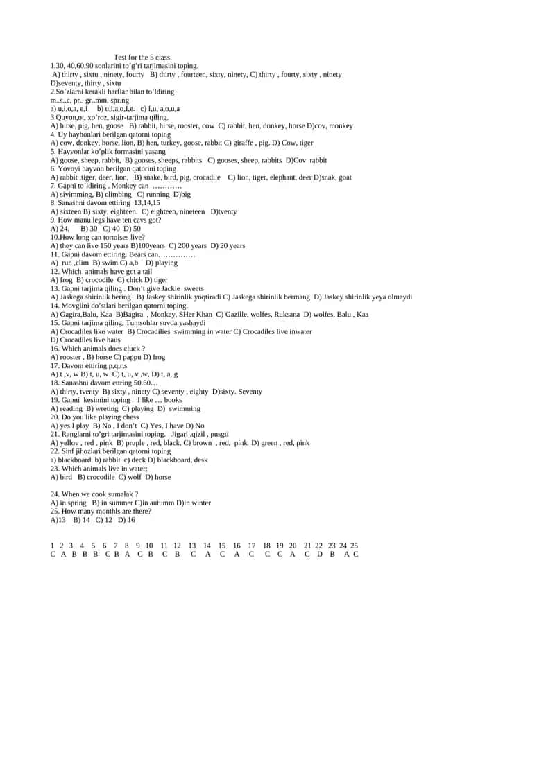 Test for the 5 class 1