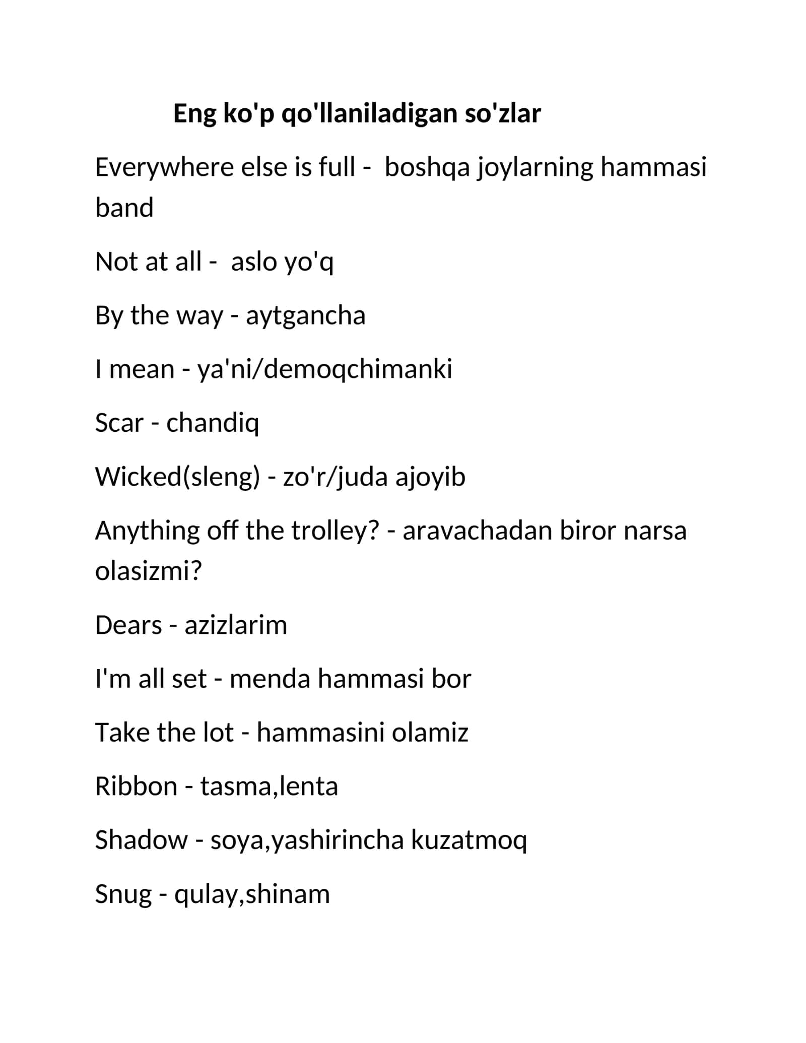 Ingliz tilida eng koʻp qoʻllaniladigan soʻzlar tarjimasi bilan ingliz tili 1