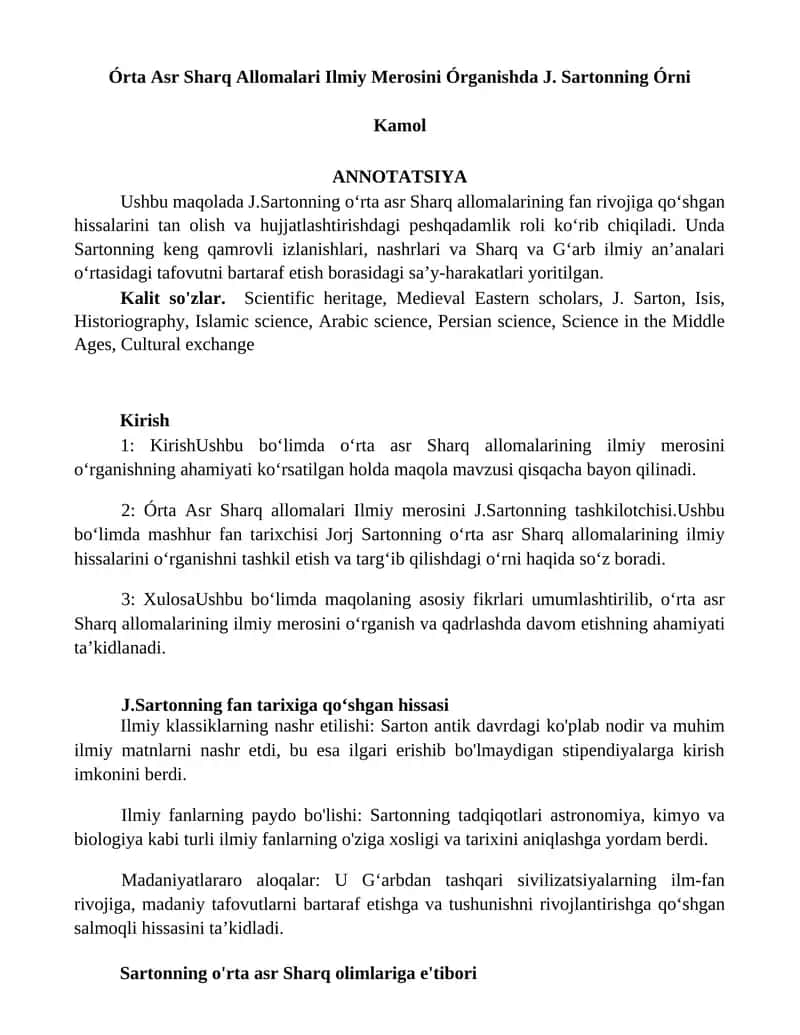 Órta Asr Sharq Allomalari Ilmiy Merosini Órganishda J. Sartonning Órni 1
