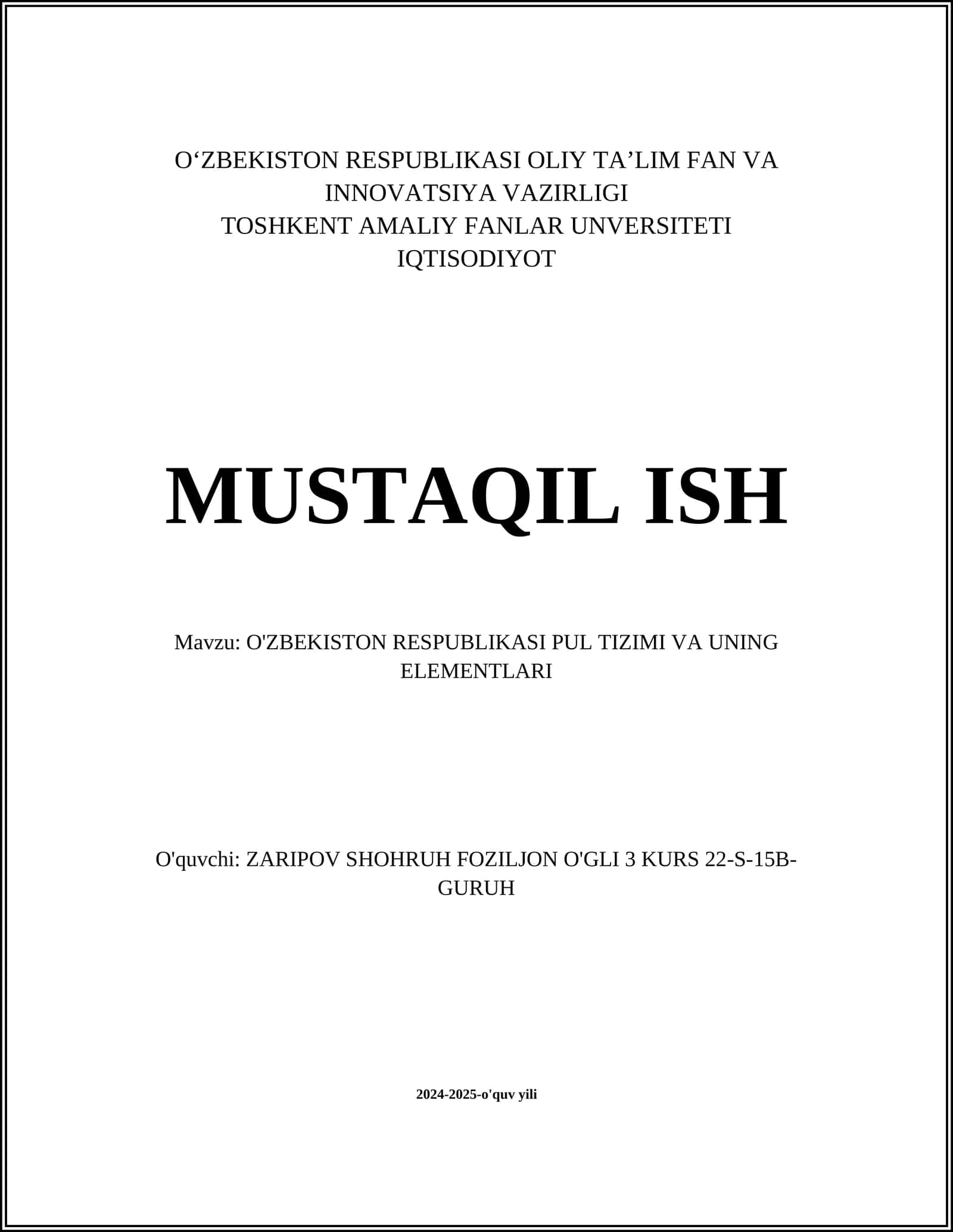 O'ZBEKISTON RESPUBLIKASI PUL TIZIMI VA UNING ELEMENTLARI 1