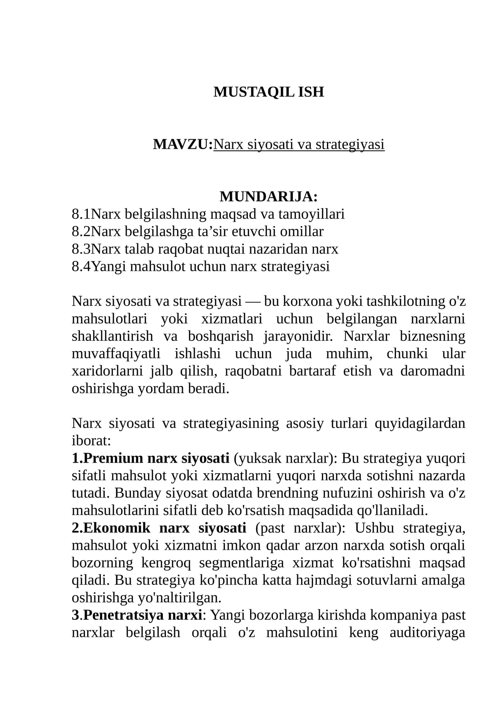 Narx siyosati va strategiyasi 1