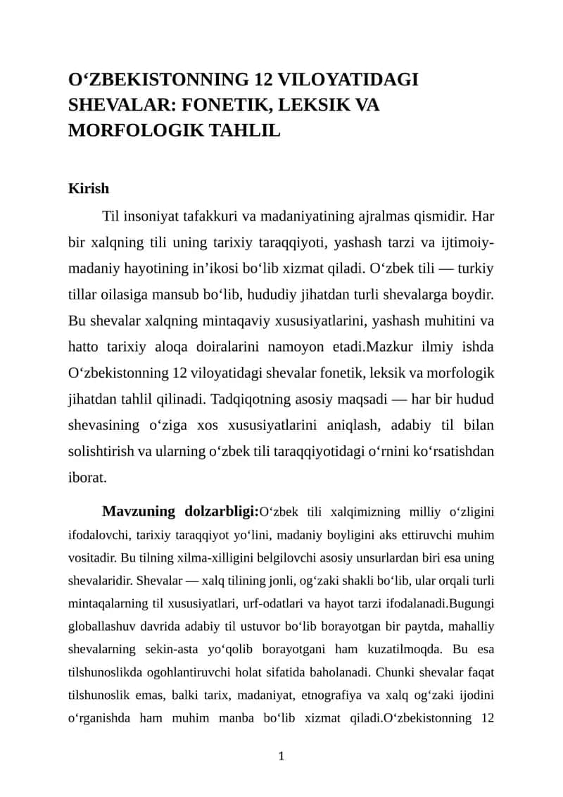 O‘ZBEKISTONNING 12 VILOYATIDAGI SHEVALAR: FONETIK, LEKSIK VA MORFOLOGIK TAHLIL 1
