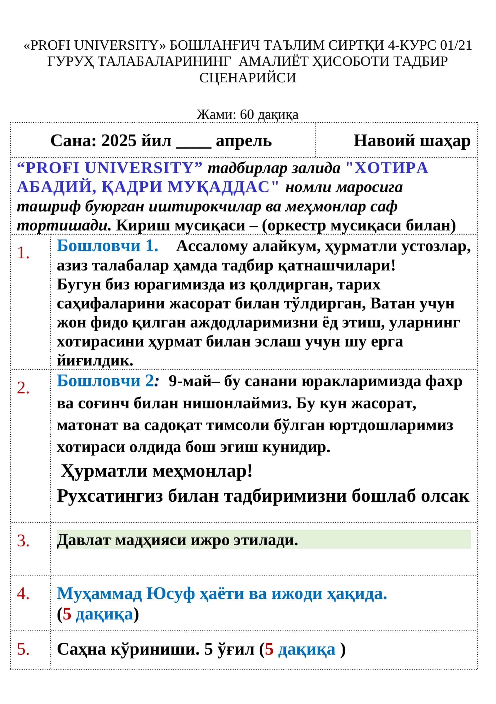 БОШЛАНҒИЧ ТАЪЛИМ СИРТҚИ 4-КУРС 01/21 ГУРУҲ ТАЛАБАЛАРИНИНГ АМАЛИЁТ ҲИСОБОТИ ТАДБИР СЦЕНАРИЙСИ 1
