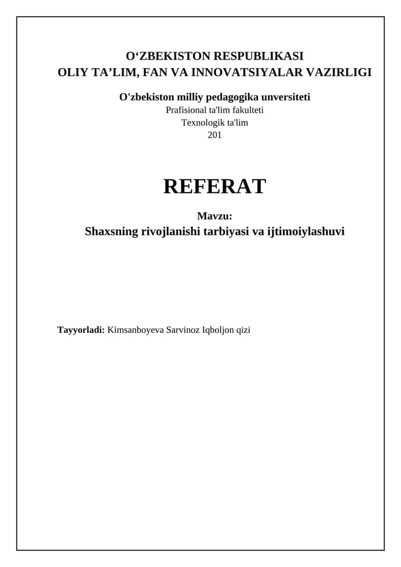 Shaxsning rivojlanishi tarbiyasi va ijtimoiylashuvi 1
