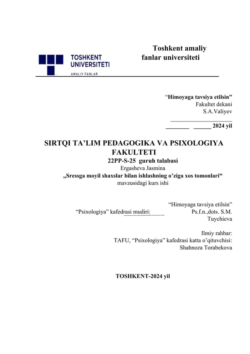Stressga moyil shaxslar bilan ishlashning o'ziga xos tomonlari. 1
