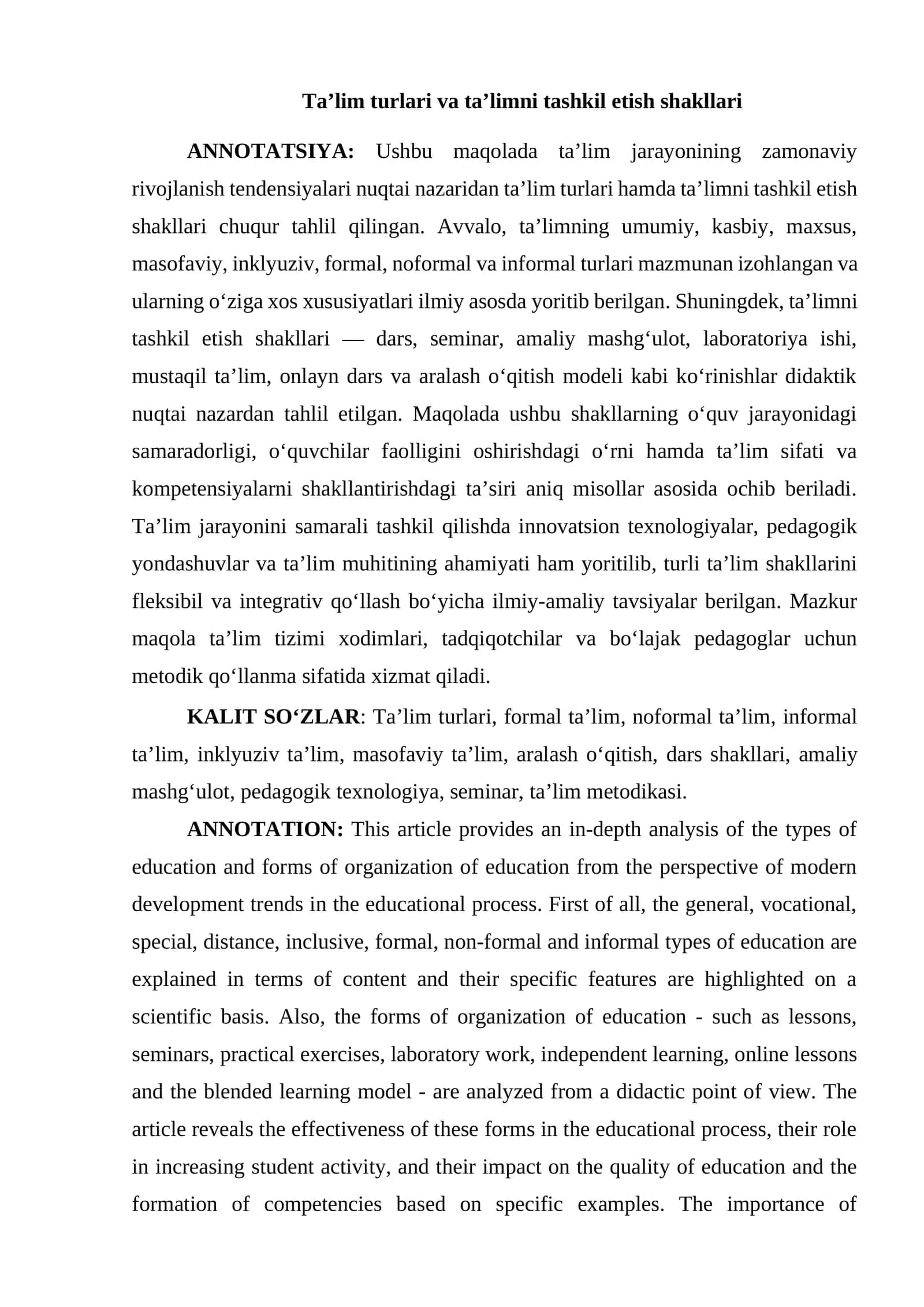 Ta’lim turlari va ta’limni tashkil etish shakllari 1