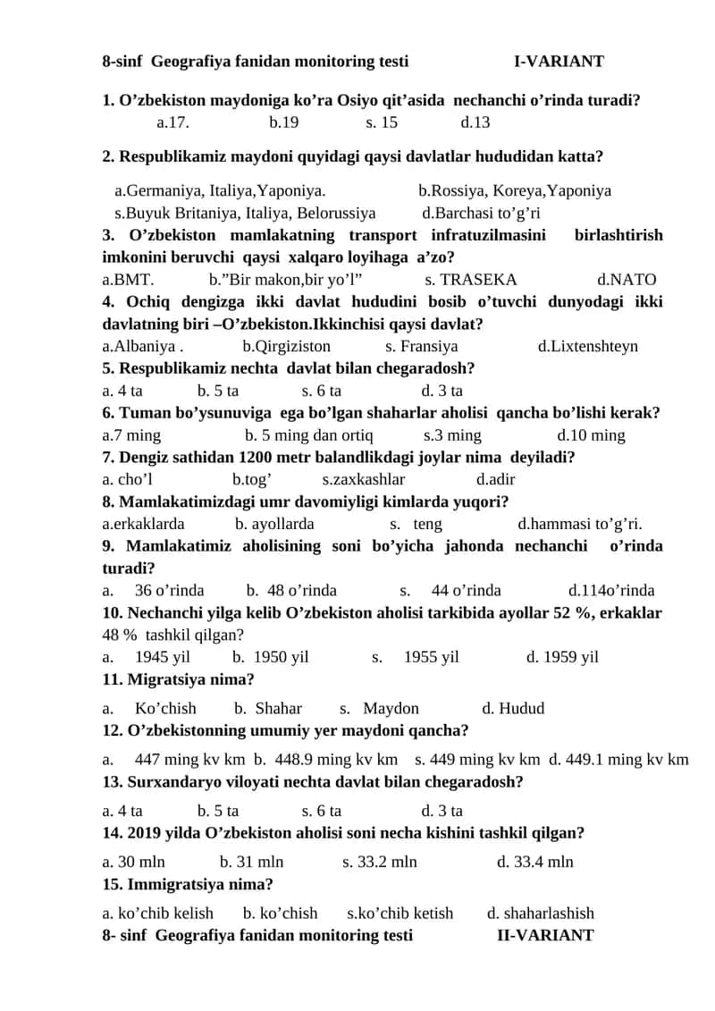 8-sinf Geografiya fanidan monitoring testi I-VARIANT 1