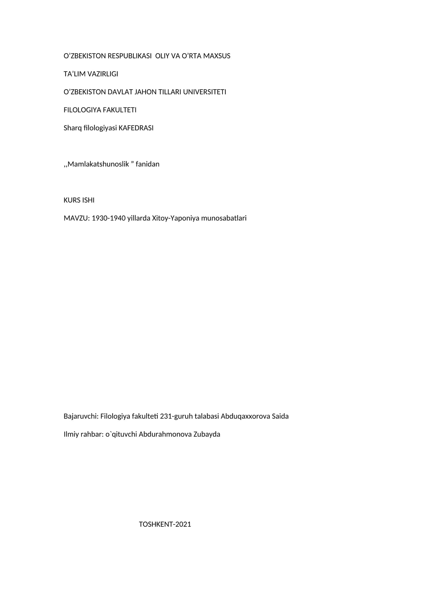 Sharq filologiyasi KAFEDRASI,,Mamlakatshunoslik ” fanidan KURS ISHI 1