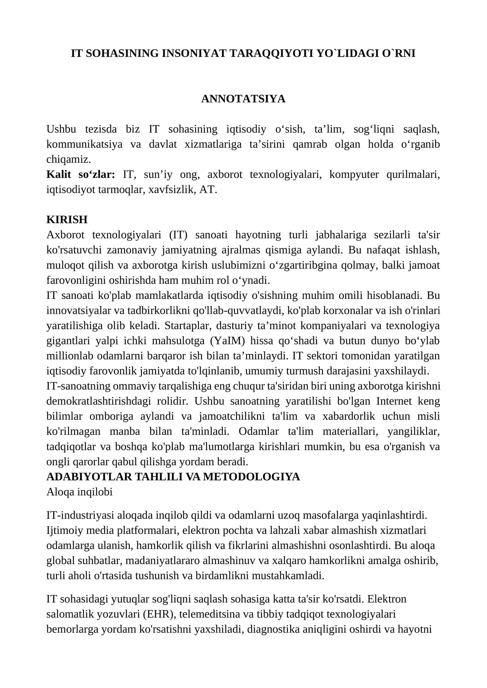 IT SOHASINING INSONIYAT TARAQQIYOTI YO`LIDAGI O`RNI 1