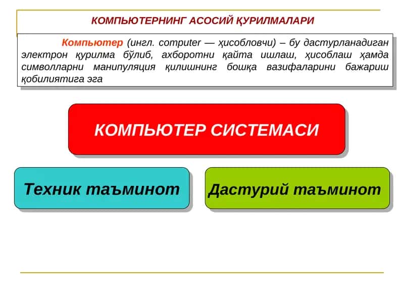 КОМПЬЮТЕРНИНГ АСОСИЙ ҚУРИЛМАЛАРИ 1