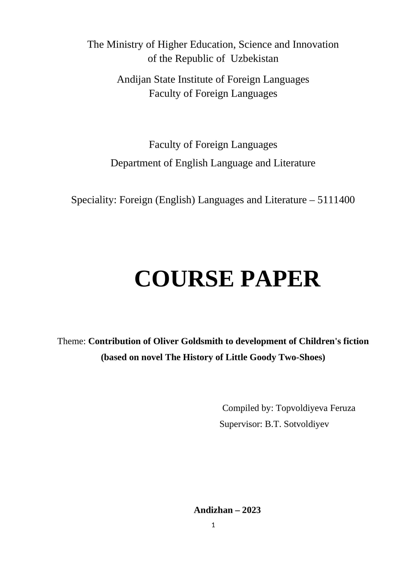 Course Paper: Contribution of Oliver Goldsmith to development of Children's fiction 1