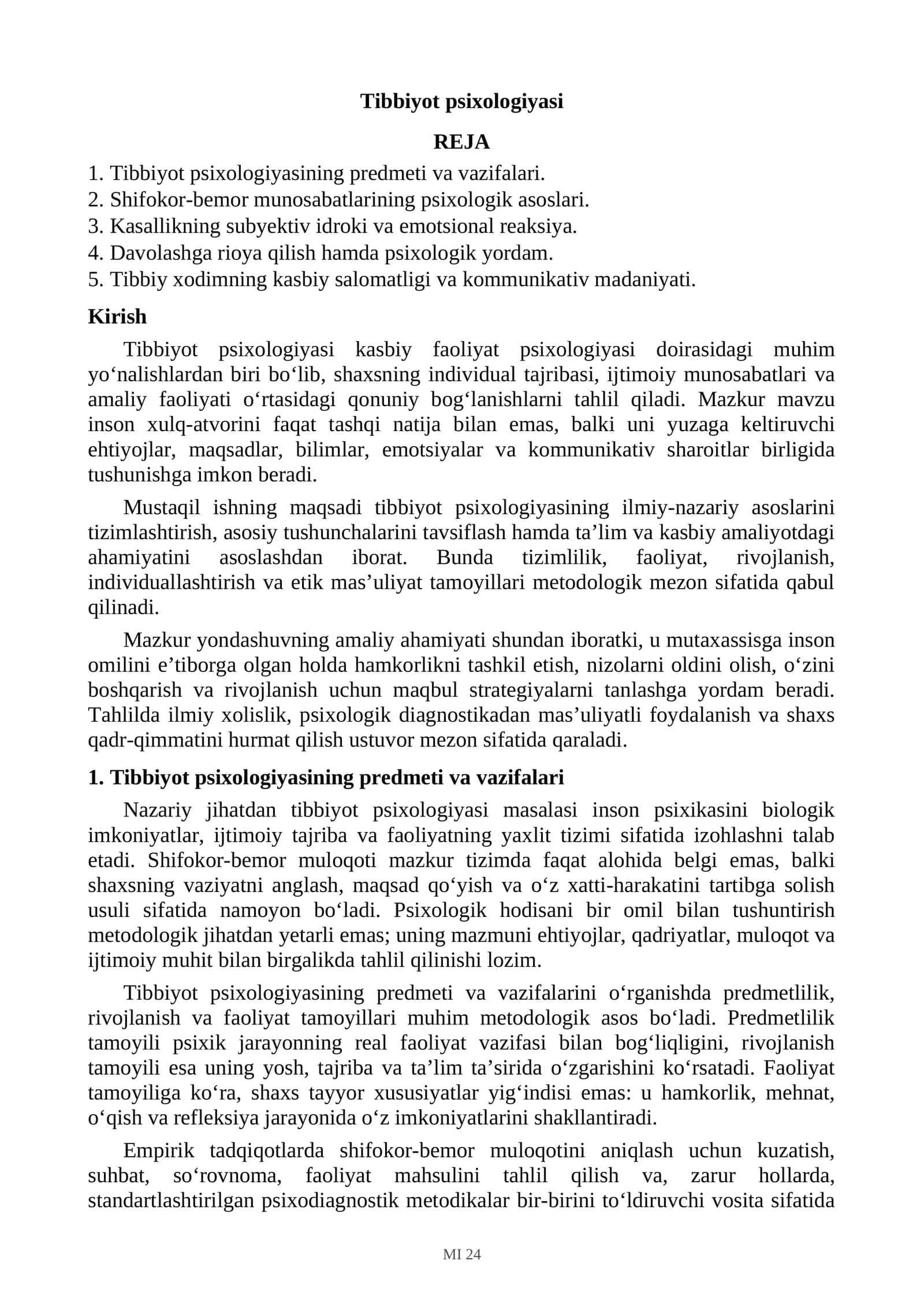 Tibbiyot psixologiyasi reja 1