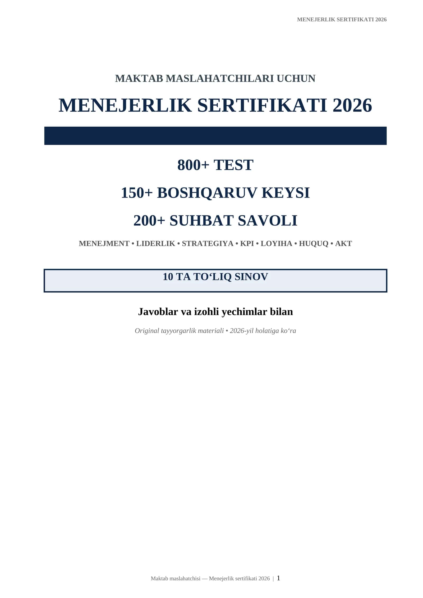Maktab maslahatchilari uchun Menejerlik sertifikati 2026 | 800+ test + 150+ keys + 200 suhbat savoli 1