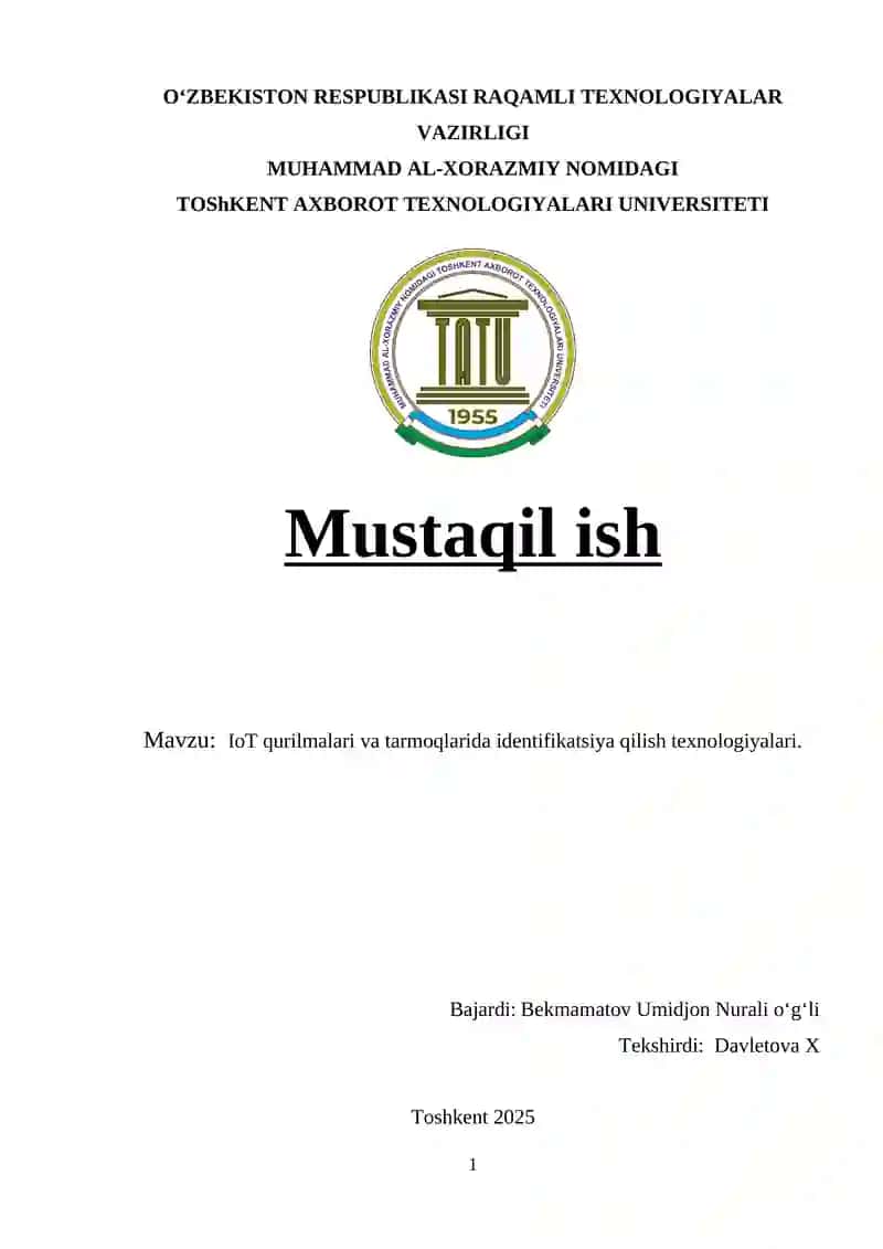 IoT qurilmalari va tarmoqlarida identifikatsiya qilish texnologiyalari