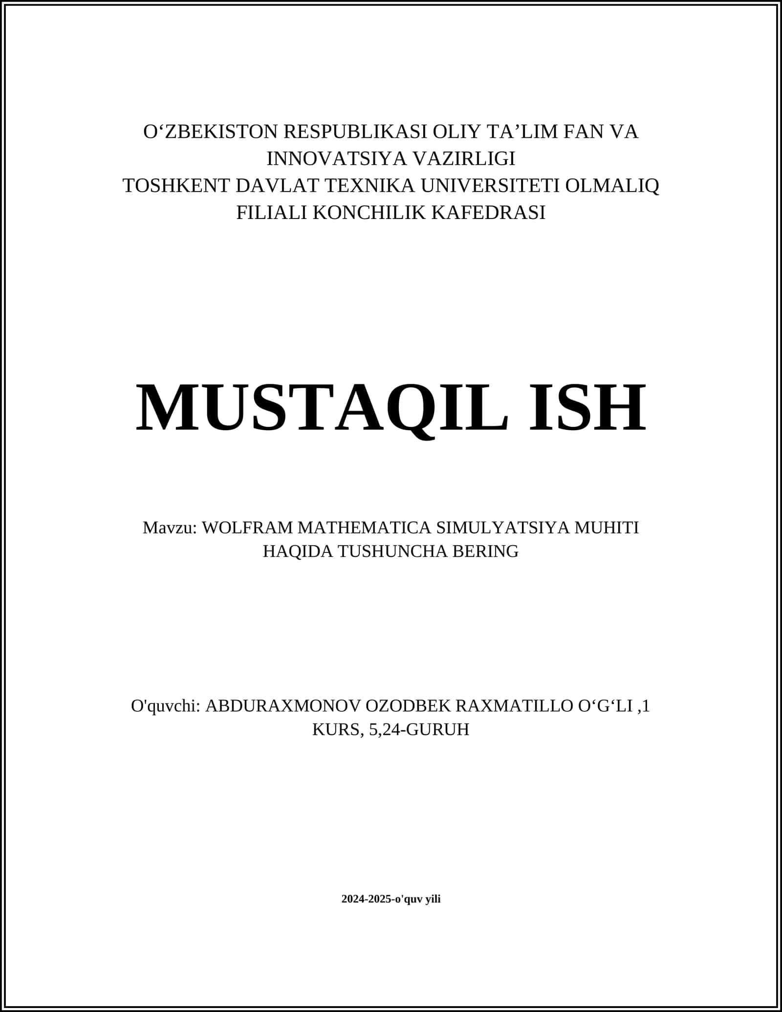 WOLFRAM MATHEMATICA SIMULYATSIYA MUHITI 1