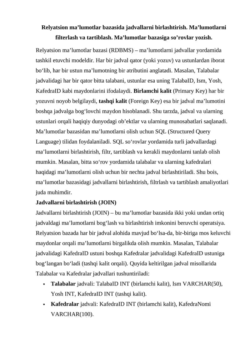 Relyatsion ma’lumotlar bazasi 1