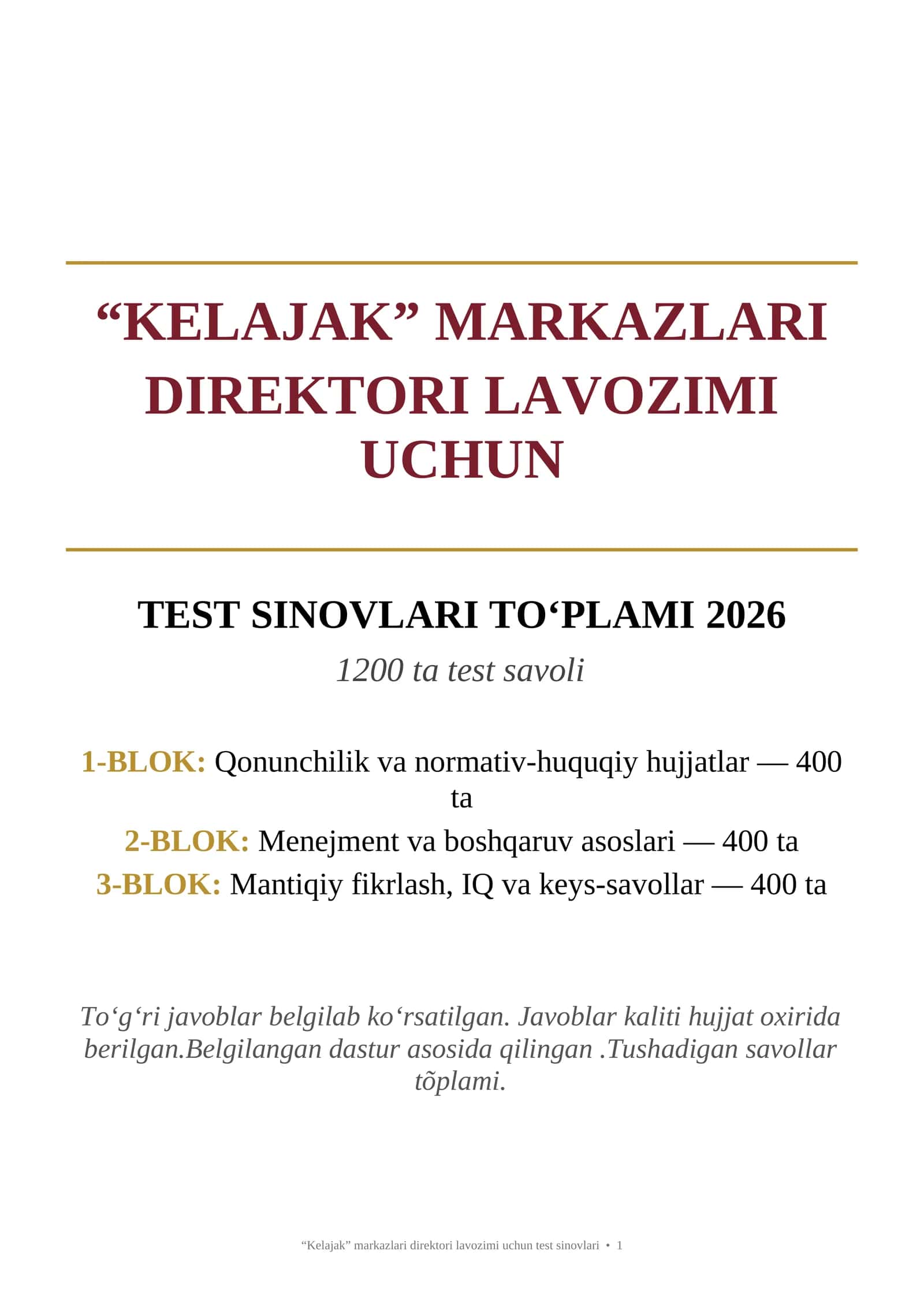 KELAJAK MARKAZLARI - DIREKTORI LAVOZIMI UCHUN TEST SINOVLARI TO'PLAMI 2026 1