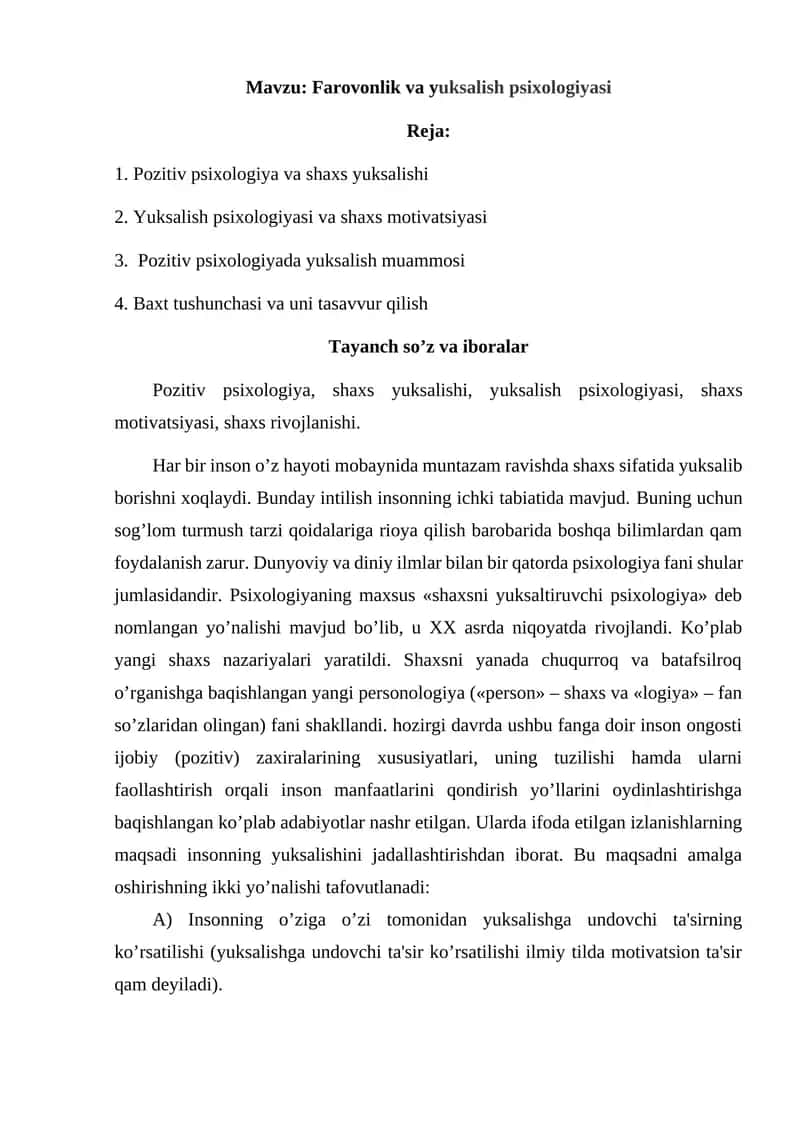 Farovonlik va yuksalish psixologiyasi 1