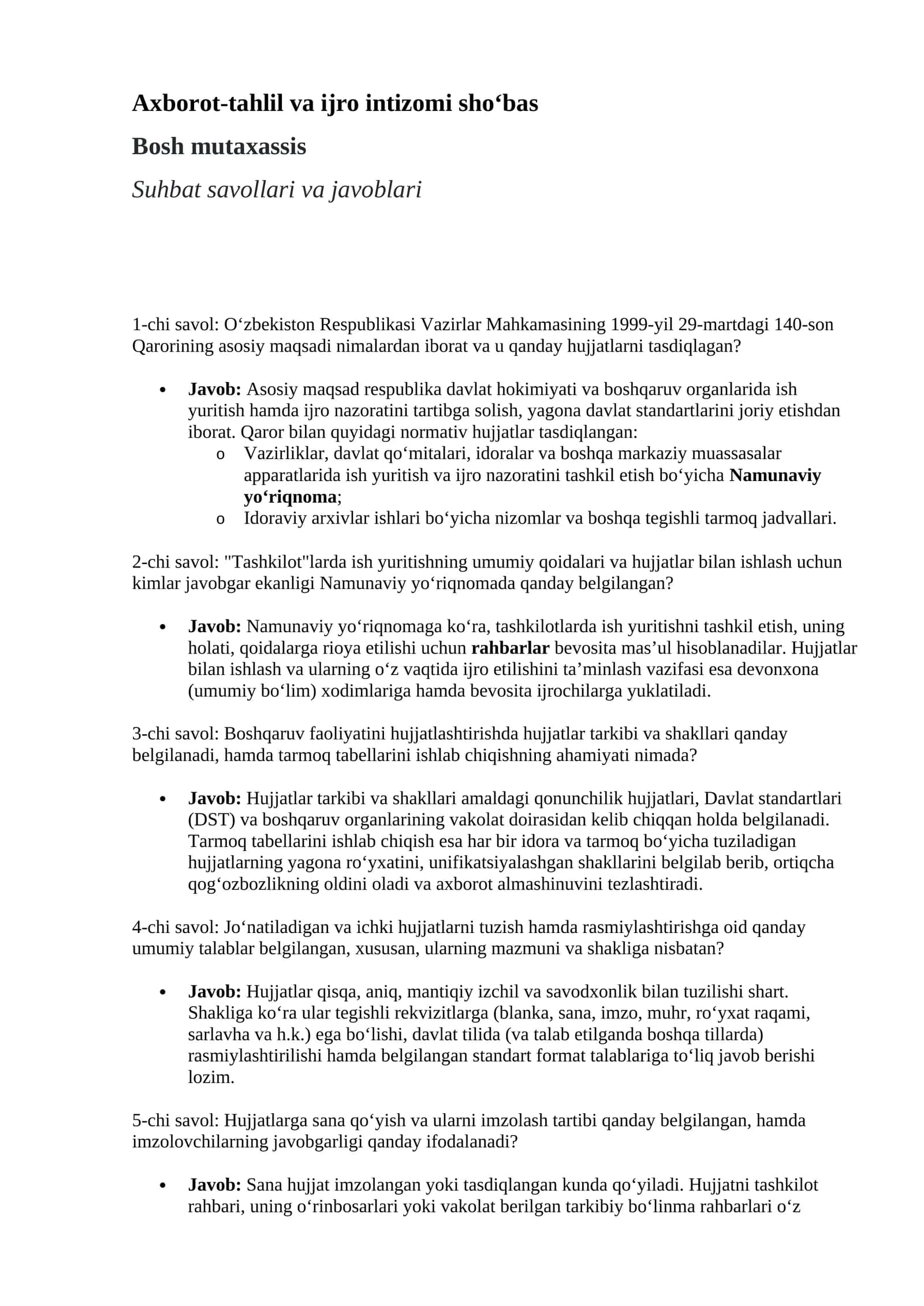 AGROS suhbat savollari javobi bn 2026 yil (Ахборот-таҳлил ва ижро интизоми бўлими) Bosh mutaxassis lavozimi 1