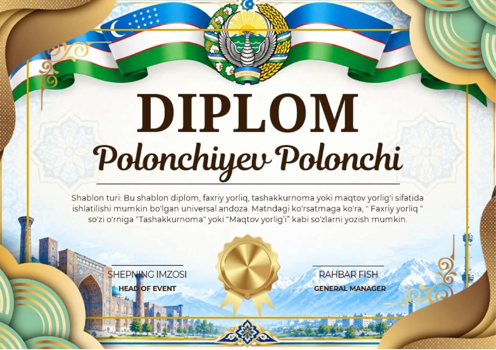 Shablon diplom, sertifikat, faxriy yorliq, tashakkurnoma yoki maqtov yorlig'i 1