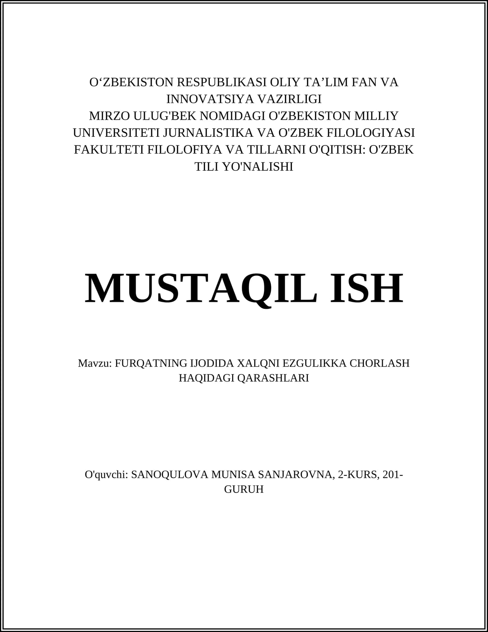 Furqatning Ijodida Xalqni Ezgulikka Chorlash Haqidagi Qarashlari 1