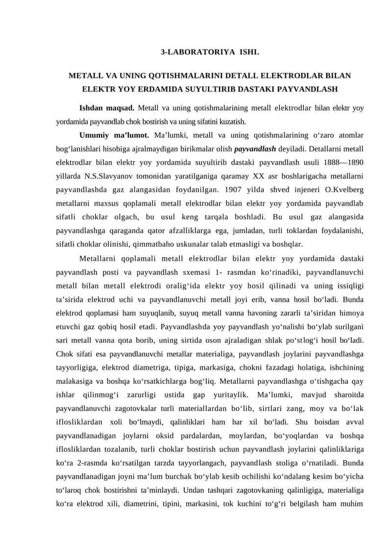 Metall va uning qotishmalarini detall elektrodlar bilan elektr yoy erdamida suyultirib dastaki payvandlash 1