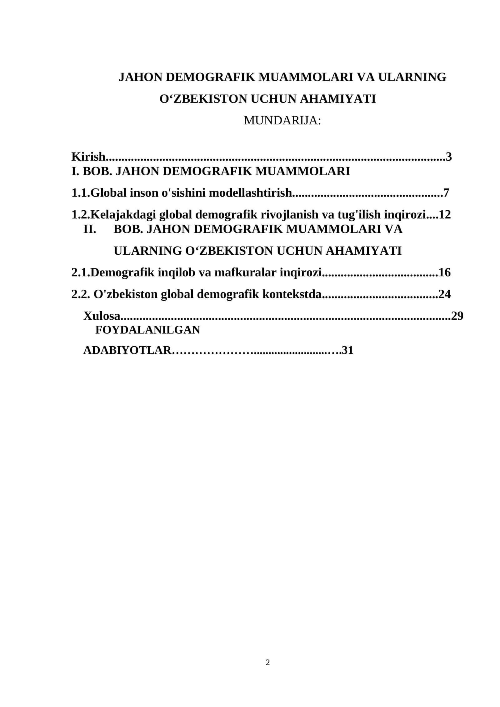 JAHON DEMOGRAFIK MUAMMOLARI VA ULARNING O‘ZBEKISTON UCHUN AHAMIYATI 1
