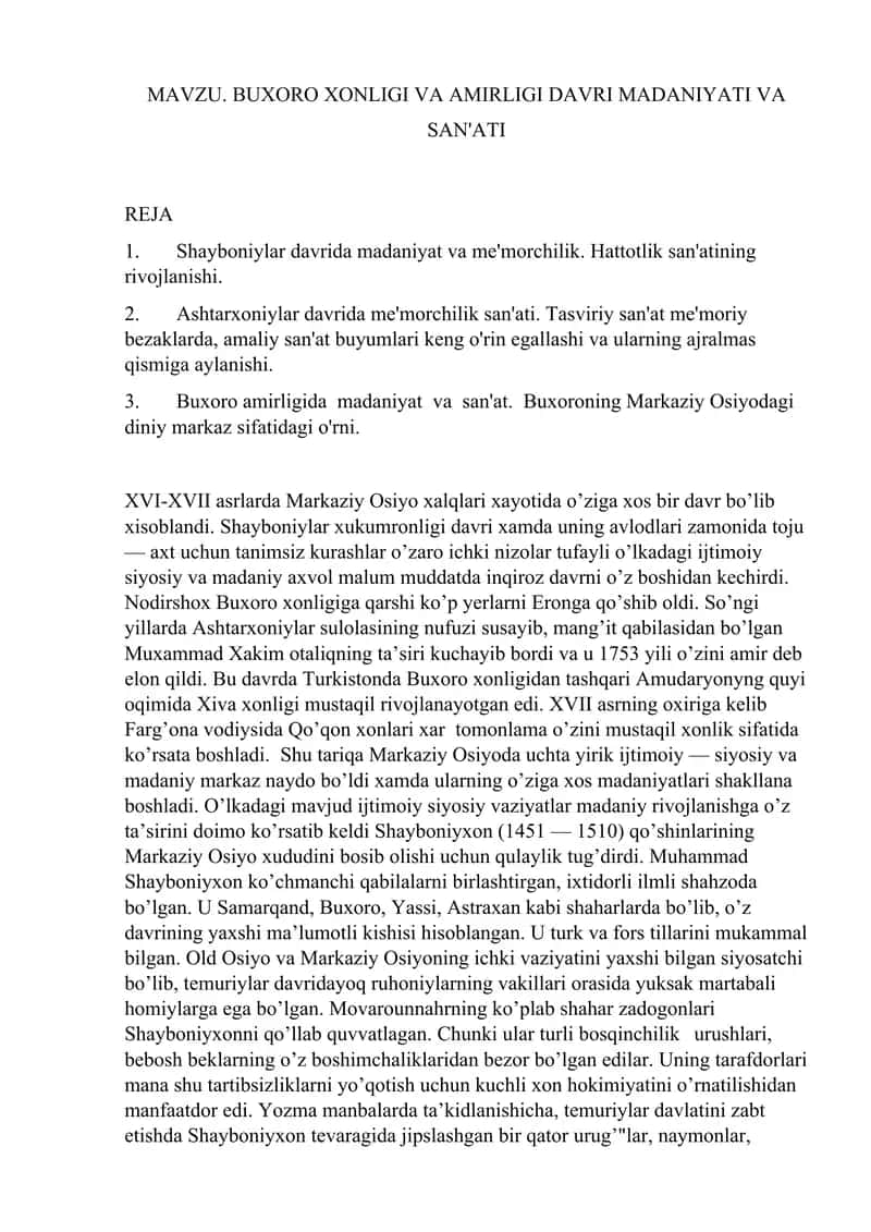 BUXORO XONLIGI VA AMIRLIGI DAVRI MADANIYATI VA SAN'ATI 1