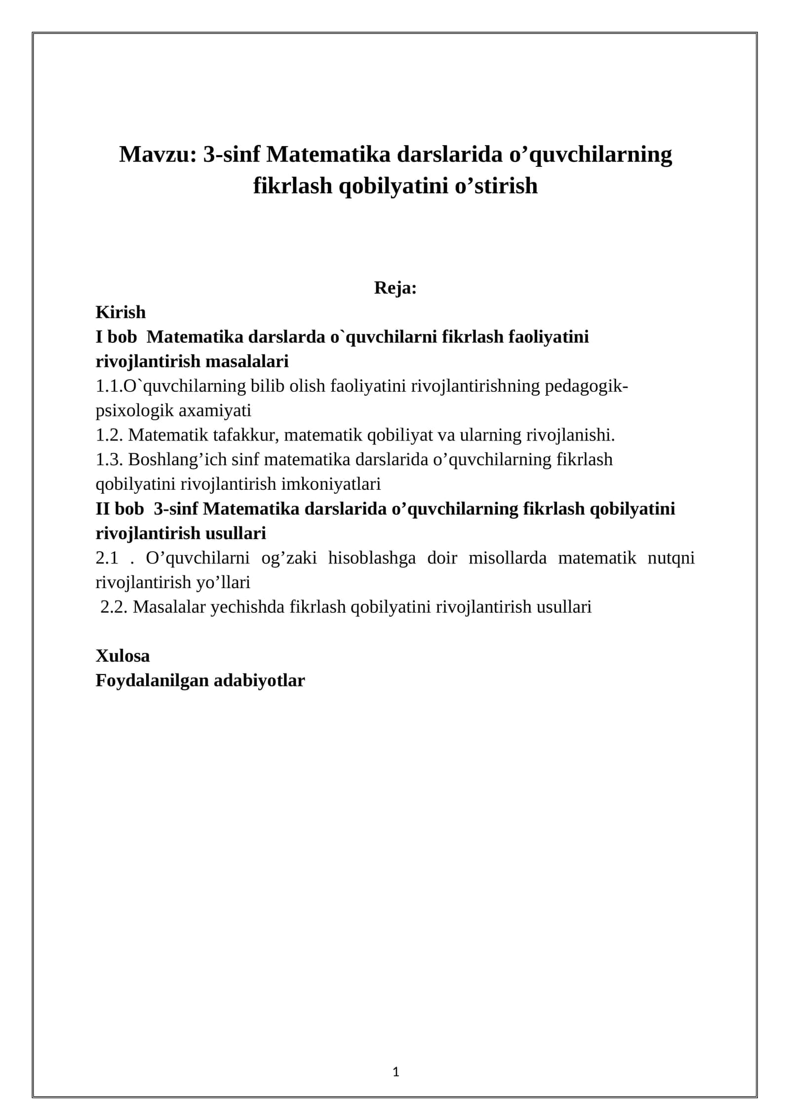 3-sinf Matematika darslarida o’quvchilarning fikrlash qobilyatini o’stirish 1