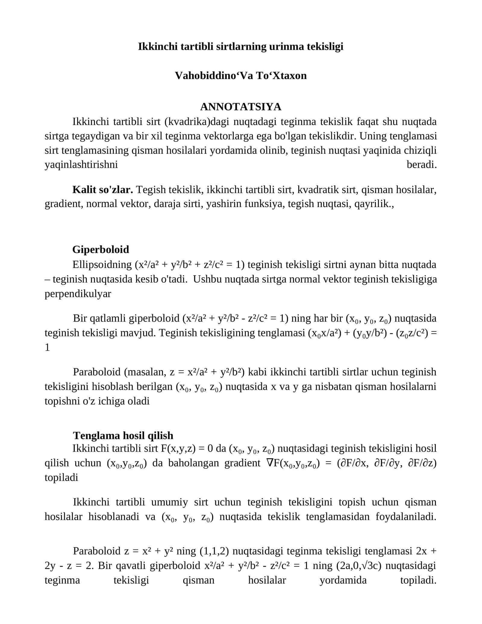 Ikkinchi tartibli sirtlarning urinma tekisligi 1