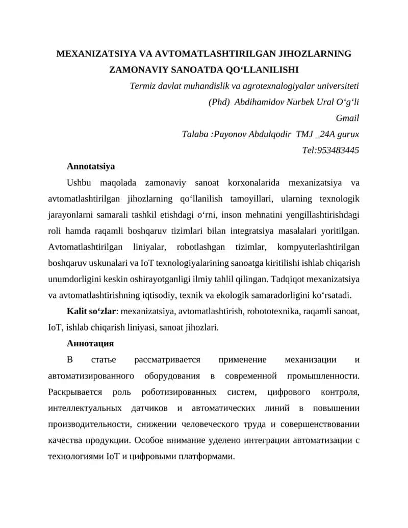 MEXANIZATSIYA VA AVTOMATLASHTIRILGAN JIHOZLARNING ZAMONAVIY SANOATDA QO‘LLANILISHI 1