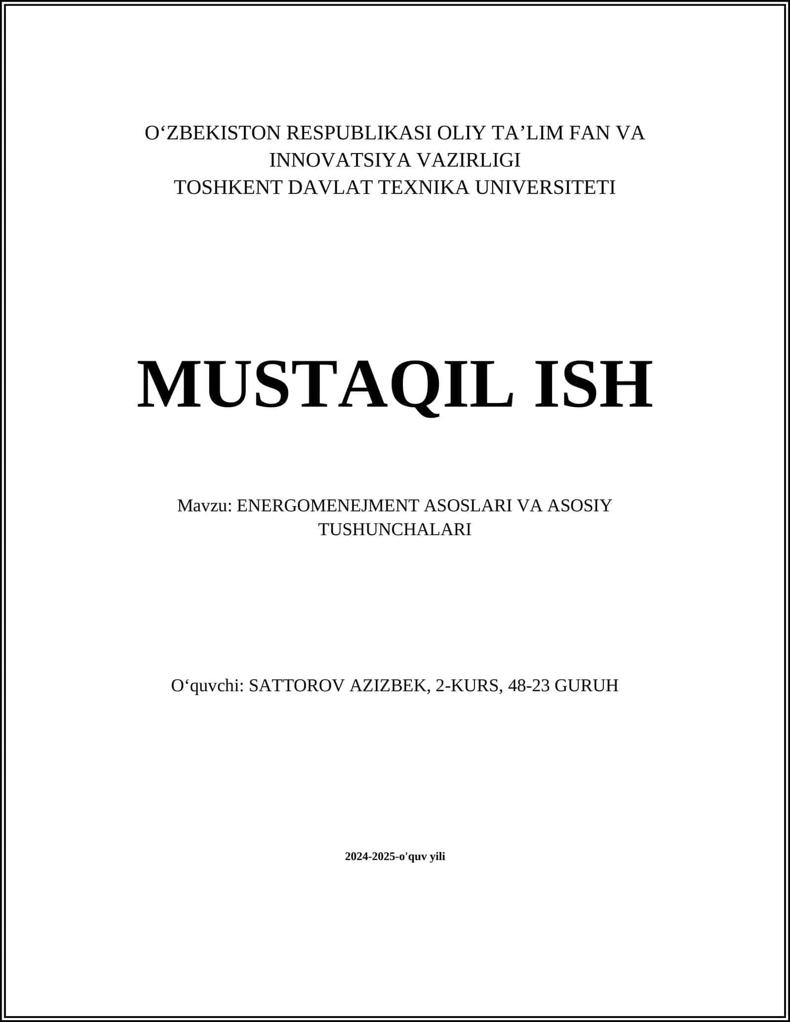 ENERGOMENEJMENT ASOSLARI VA ASOSIY TUSHUNCHALARI 1