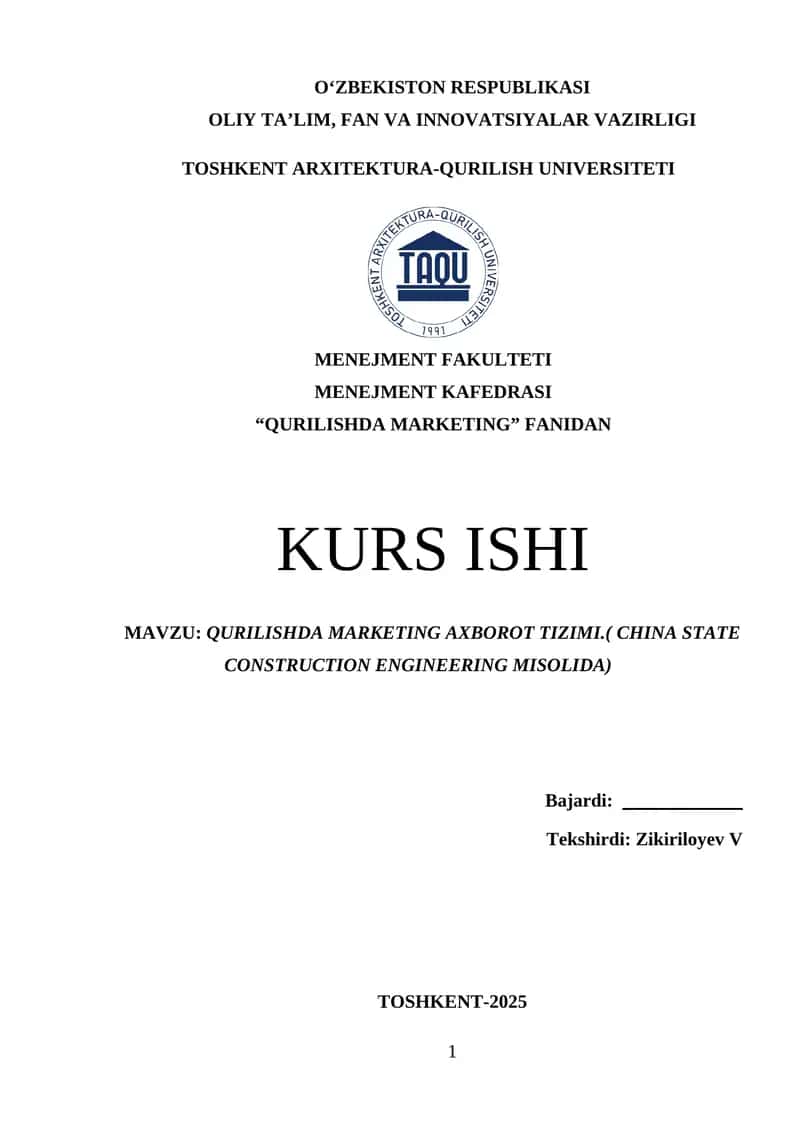 QURILISHDA MARKETING AXBOROT TIZIMI.( CHINA STATE CONSTRUCTION ENGINEERING MISOLIDA) 1